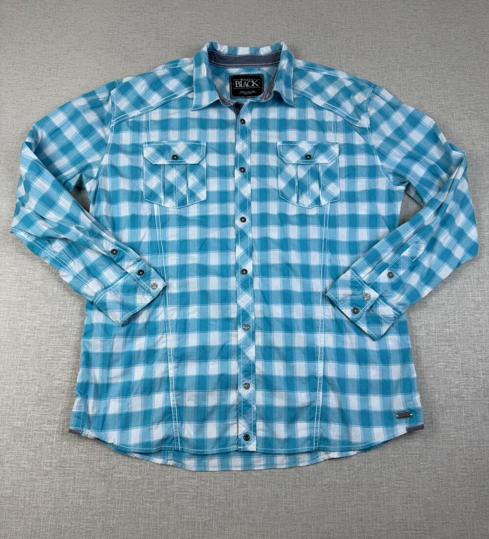 Buckle Black Men’s XXL Athletic Fit Turquoise Plaid Western Snap Shirt